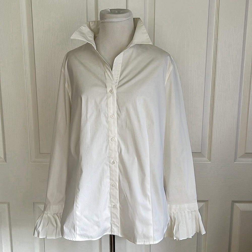 Talbots White Pleated Ruffle Cuff Button Down Oxford Shirt Womens Sz 16 Petite